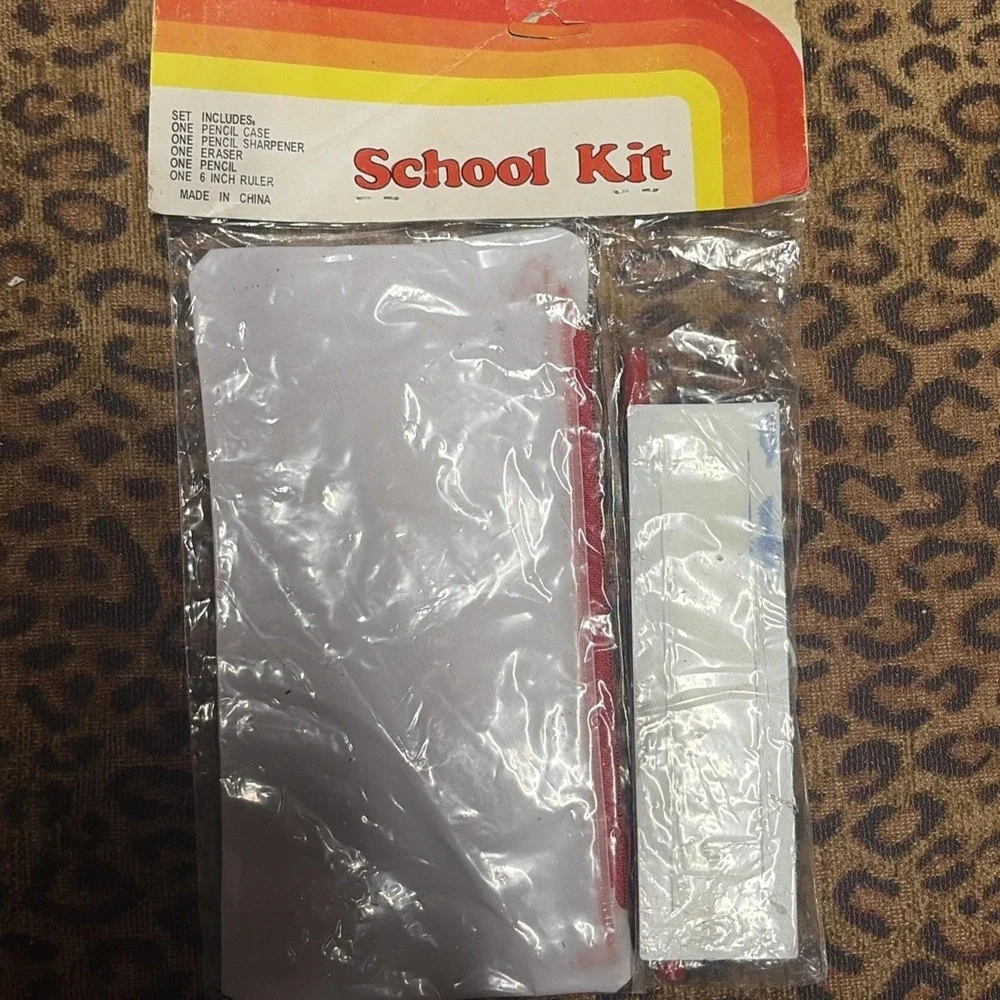 Teddy Bear School Kit Set Pencil Case Eraser Ruler Sharpener NOS 1980s VTG